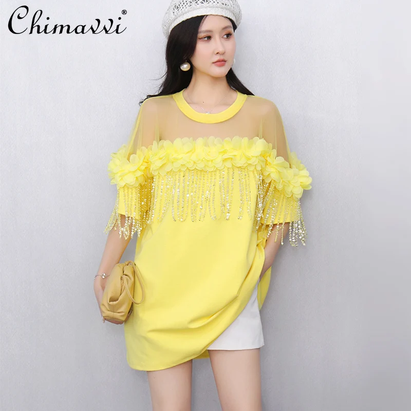 夏の新レディースファッション Tシャツルーズ大きいサイズメッシュフラワーフリンジトップファッション半袖エレガントなスウィートガールプルオーバートップ