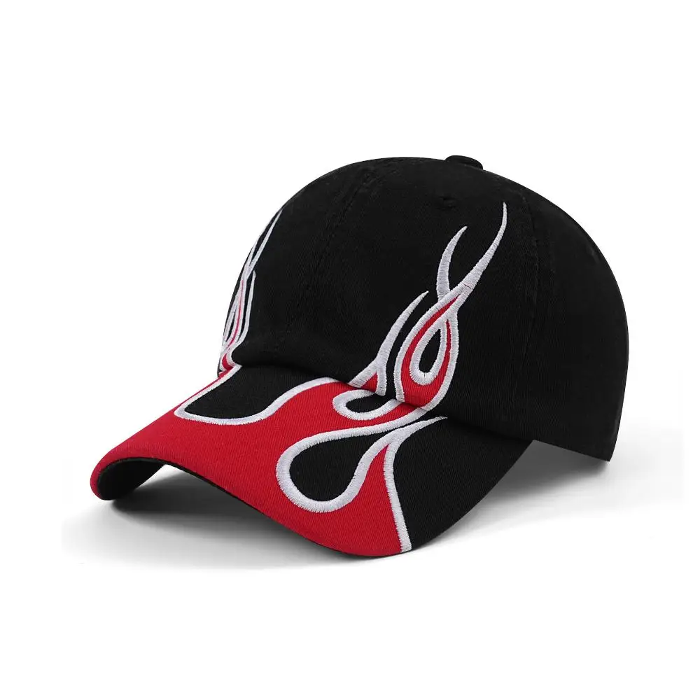 Flame pattern contrasted embroidery baseball cap with a soft top. Retro flapper style. Suitable for outings and photography.