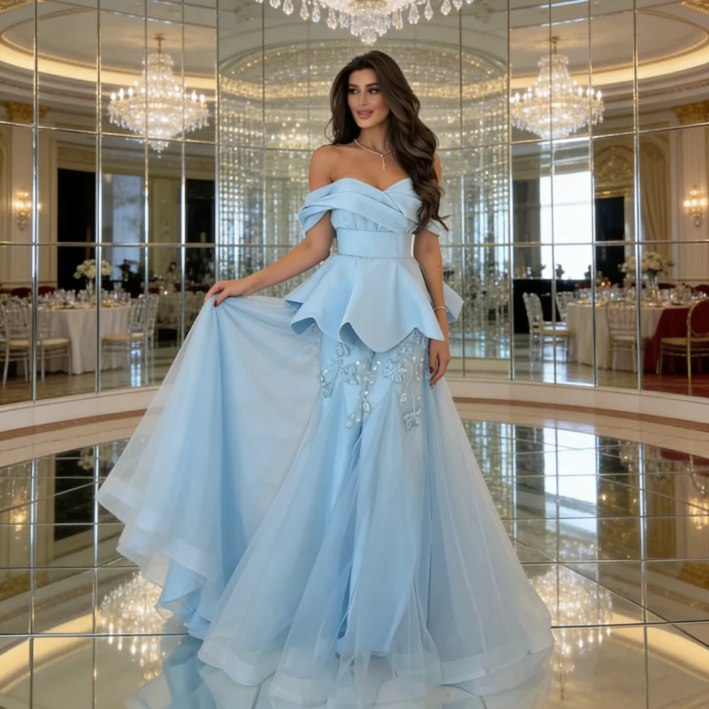 

Customized Sky Blue Jersey Pleat Handmade Flower Beading Sequined Mermaid Ruched Off-the-shoulder Floor-Length for Woman