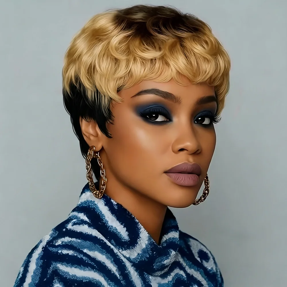 

Парик в стиле пикси с кудрявыми волнистыми прядями из натуральных волос с челкой, полностью машинной работы, для женщин