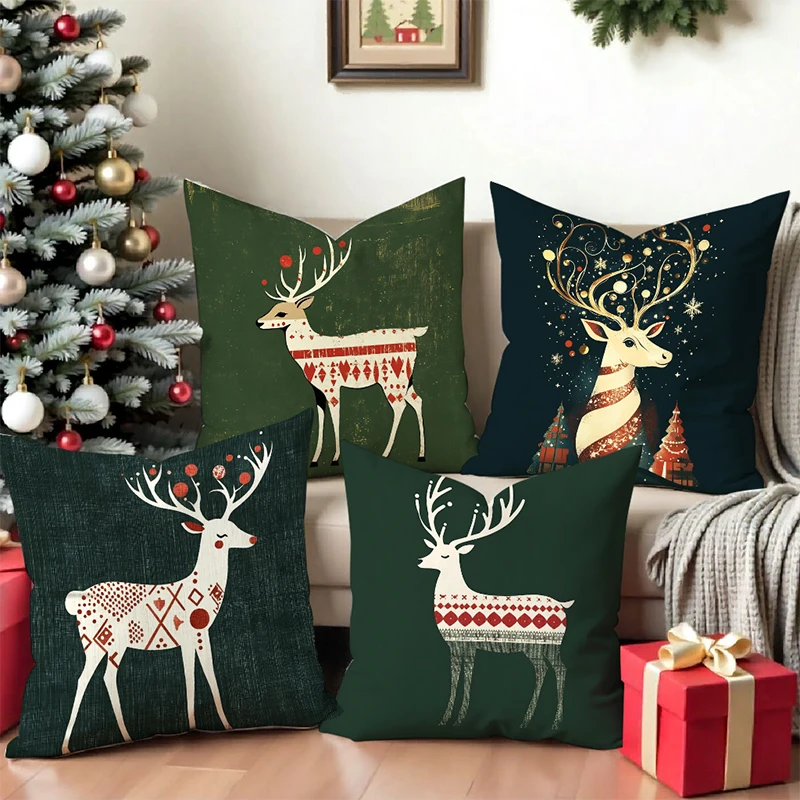 Christmas Deer Pattern Decorative Cushion Covers Square polyester pillowcase, modern sofa decorative cushion cover