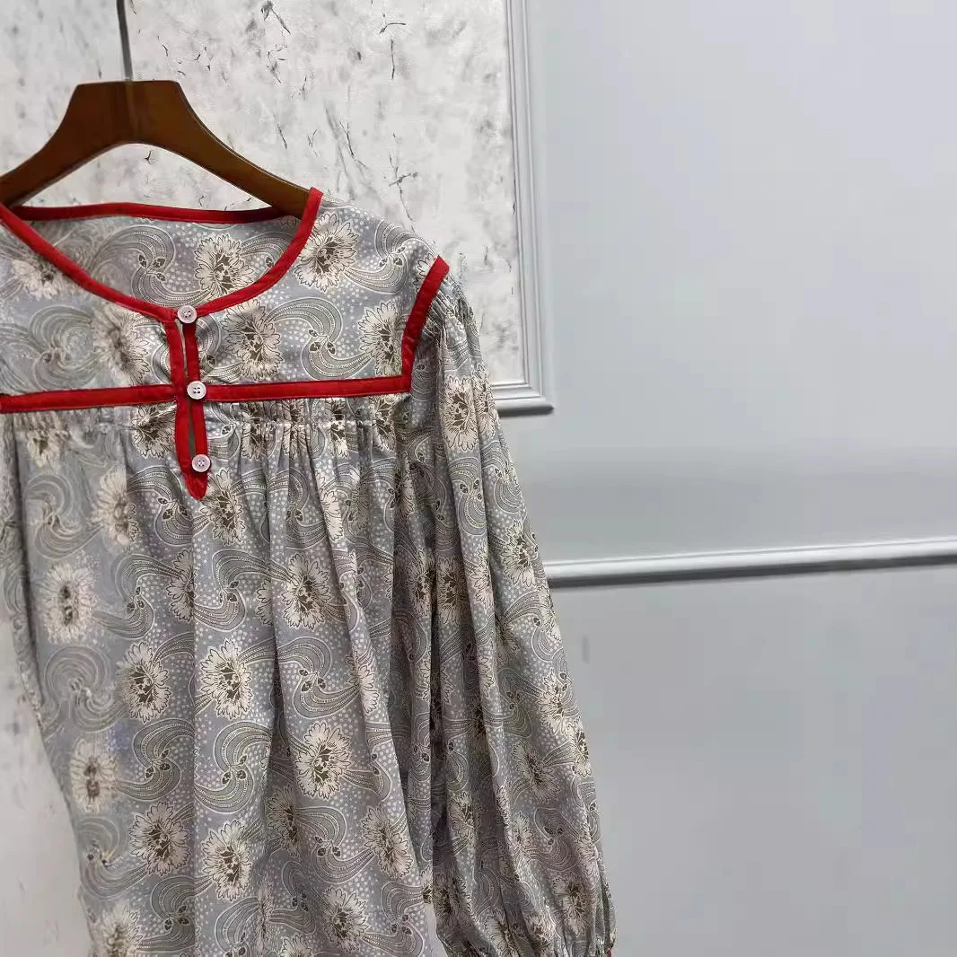 Chemise babydoll à manches longues et col rond pour femme, pur coton, imprimé, bord rouge, document d'abonnés, début d'automne, nouveau, 2024