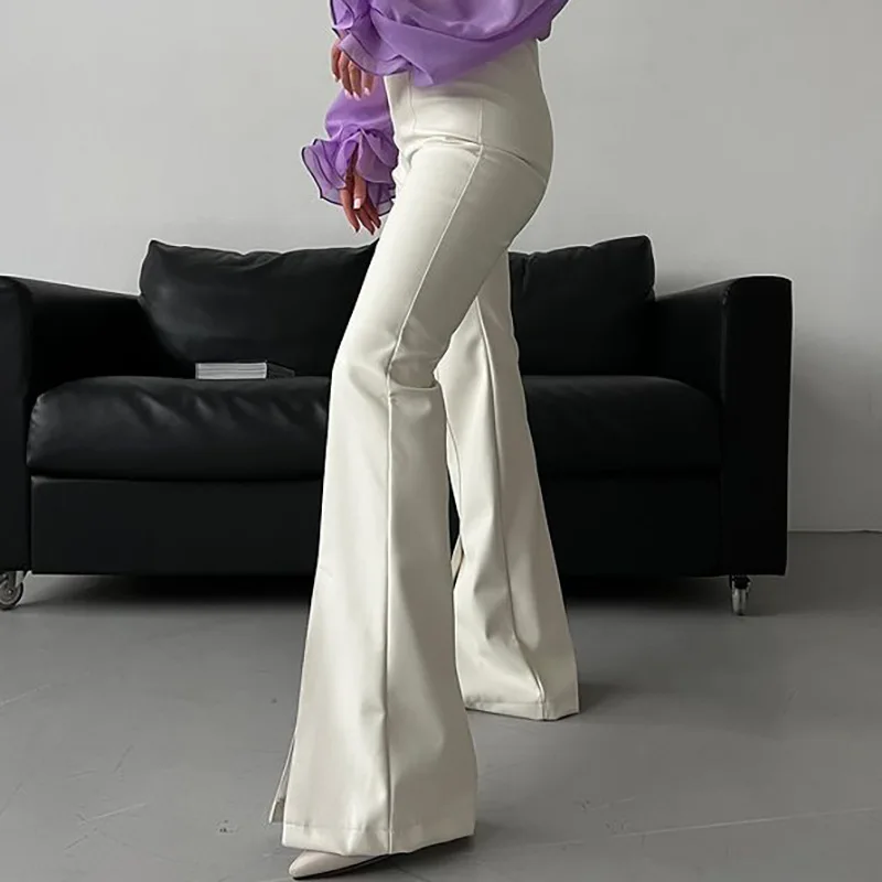 2026 Autumn and Winter New PU Leather White Splicing Slit Sexy Tight Micro-horn Leather Pants Women Trousers