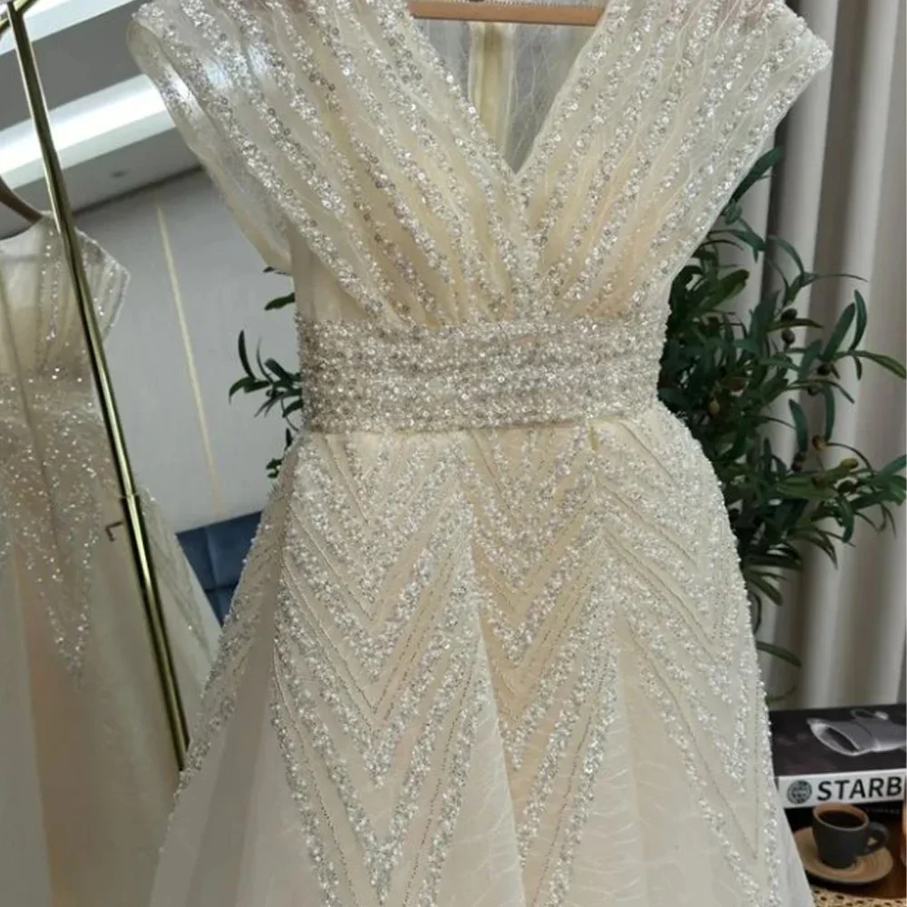 Elegant Classic High quality Organza Rhinestone Sequined Beading V-neck Long Dresses Prom Dresses Modern Style Formal Sparkle