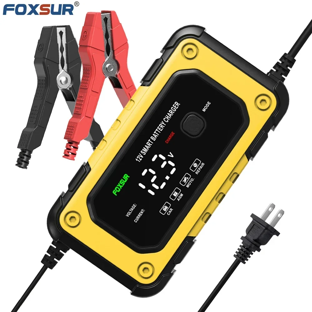 FOXSUR Full Automatic Car Battery Charger 12V/6A Digital Display Battery Charger Power Puls Repair Chargers Wet Dry Lead Acid