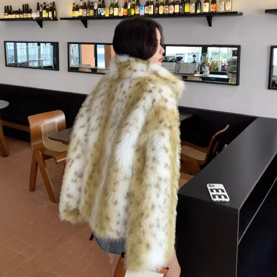 معاطف نسائية من الفرو الصناعي سترات متوسطة الطول بياقة مقلوبة معطف بطبعة الفهد سميك دافئ Y2k ملابس الشارع الشهير سترة خريف وشتاء #2