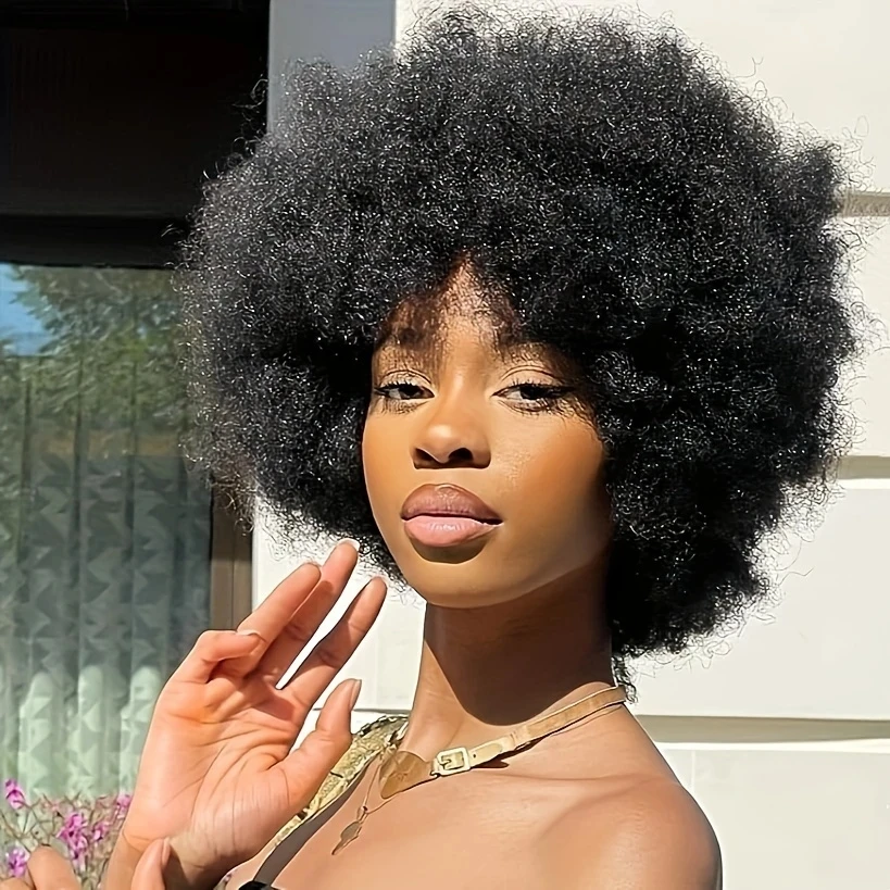 여성용 짧은 곱슬 가발, 풍성한 아프로 인모 가발, 150% 밀도 곱슬 인모 가발, 전체 기계 제작 픽시컷 가발