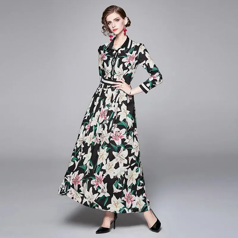 2024 Summer Runway Shirt Dress Women's Lapel Short Sleeve Gorgeous Flower Print Single Breasted Belt Pleated Midi Vestidos