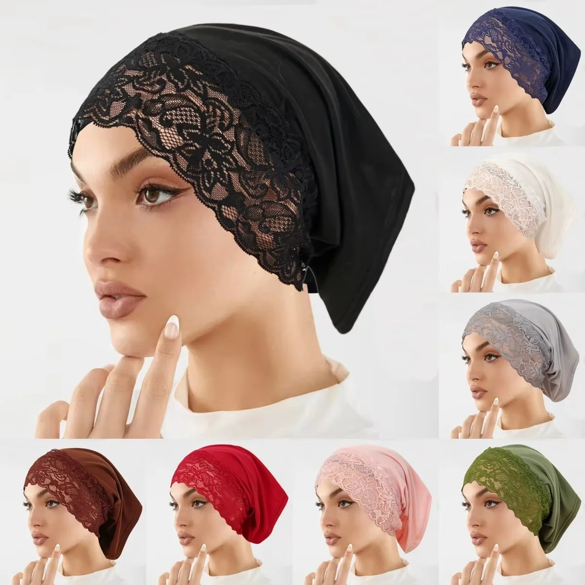 Muslim Headwear Inner Hijab Undercap With Lace Solid Color Islam Headscarf Hijab Bonnet Soft Stretch HIjabs Tube Cap Turbante