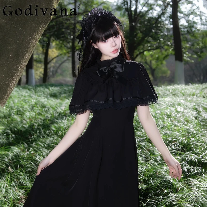 여성 로리타 스타일 블랙 드레스 프랑스어 레트로 여름 우아한 드레스 여성 봄 달콤한 허리 조이는 레이스 롱 드레스