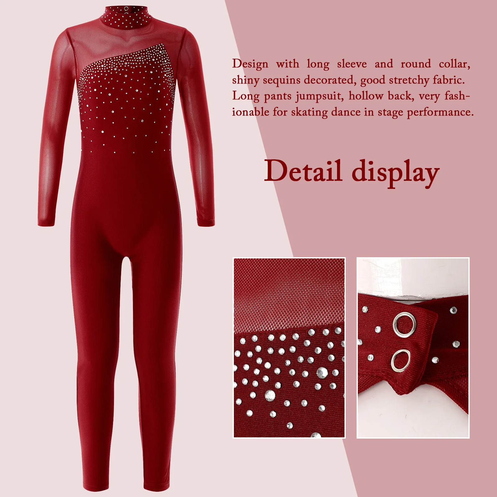 Bodysuit de dança malha pescoço simulado para meninas, mangas compridas, collant de ginástica, uniforme de balé infantil, strass brilhante