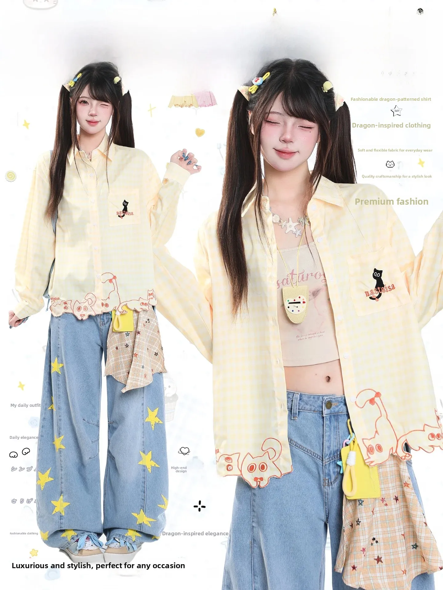 Casual Style Long Sleeve Embroidered Shirt Loose Fit Turn-down Collar Youthful Contrast Color Patch Pocket Women's Shirt