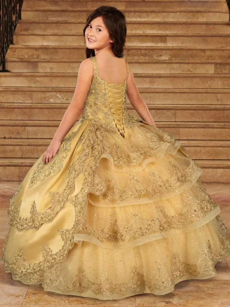 

Princess Customized Flower Girl Dresses for Wedding Sleeveless Applique Puffy Flooe Lenght Ball Gown Child Birthday Party Dress