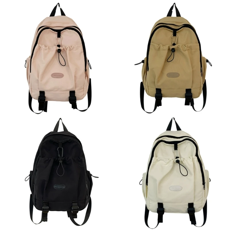 

Adult Teens Drawstring Front Backpack Student School Bookbag Women Men Large Capacity Travel Rucksack Multi-pocket Nylon Daypack