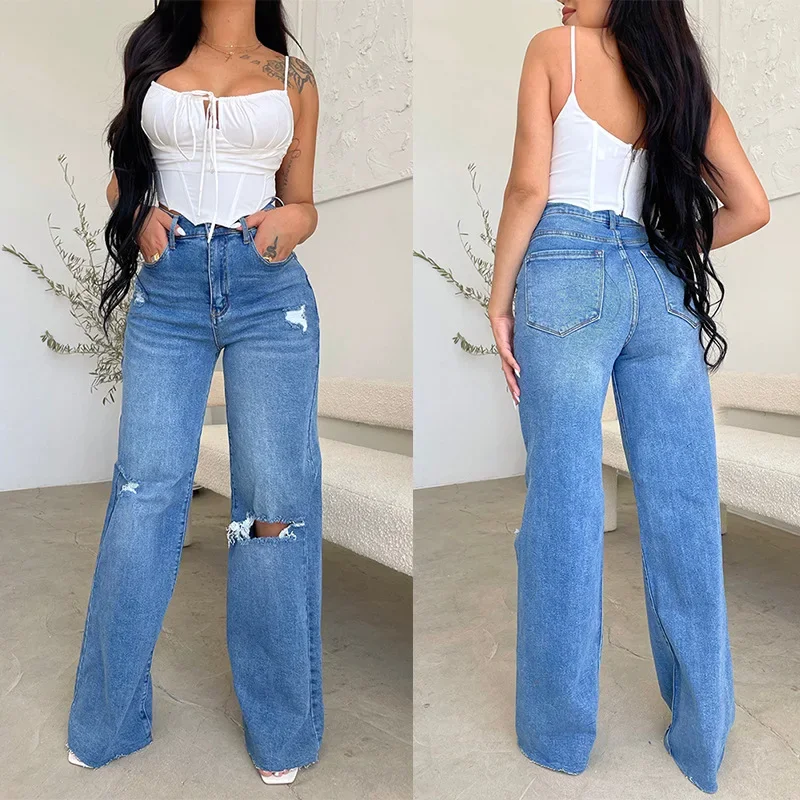 Women Jeans Wide Leg Pants Denim High Waist Zipper Fly Washing Holes Pockets High Street Work Party Club Mom Jeans Elegant Y2k