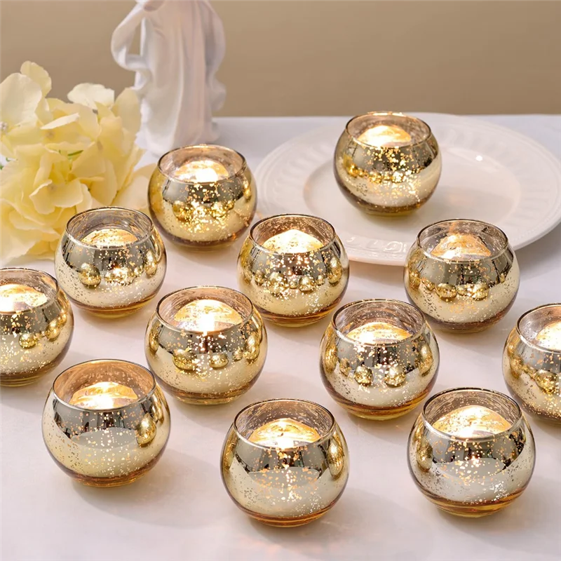 12PCS Gold Mercury Glass Votive Candle Holders Legant Gold Tealights Candle Holders for Weddings, Rehearsal Dinners