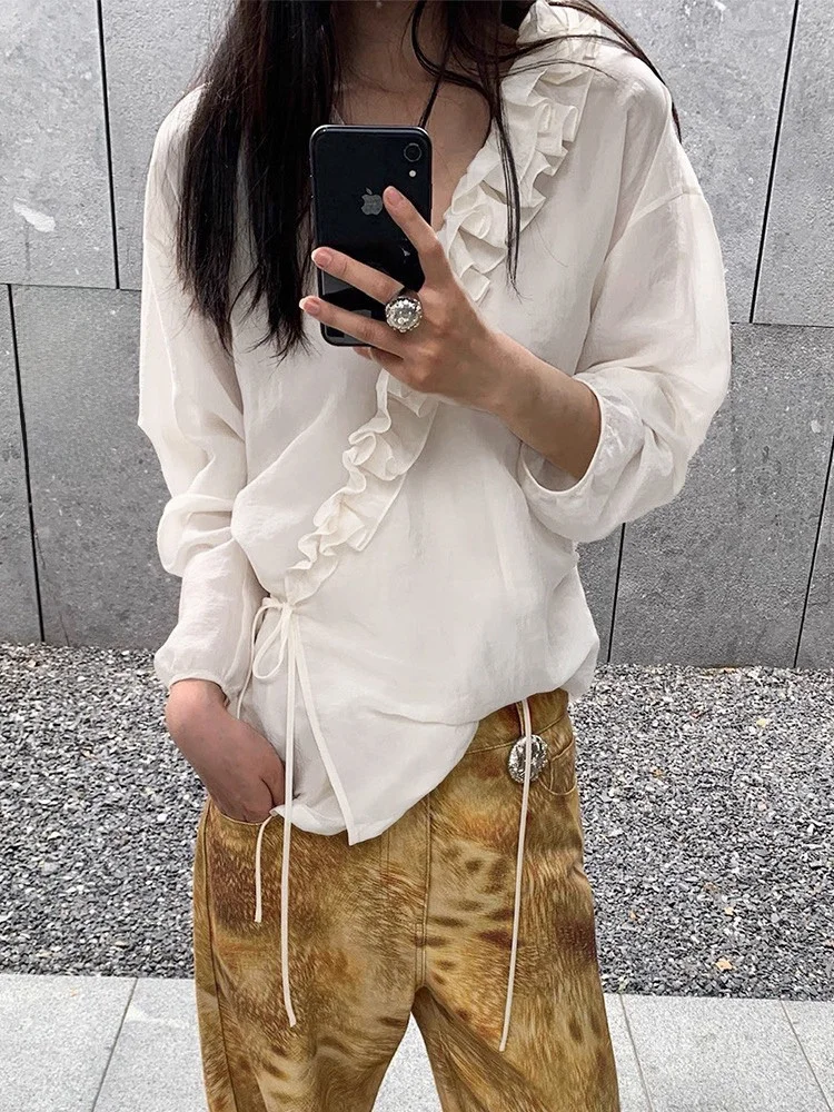 

Блузка Heidd Весна 2026 свободного кроя с длинным рукавом, бантом и оборками, белая, женская, в деловом стиле