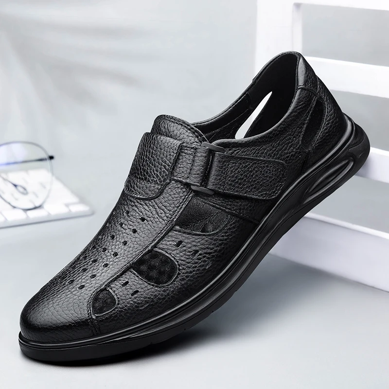 Summer Classic Black Hollow Out Leather Shoes Breathable and Comfortable Business Daily Hiking Shoes Middle Aged Casual Shoes