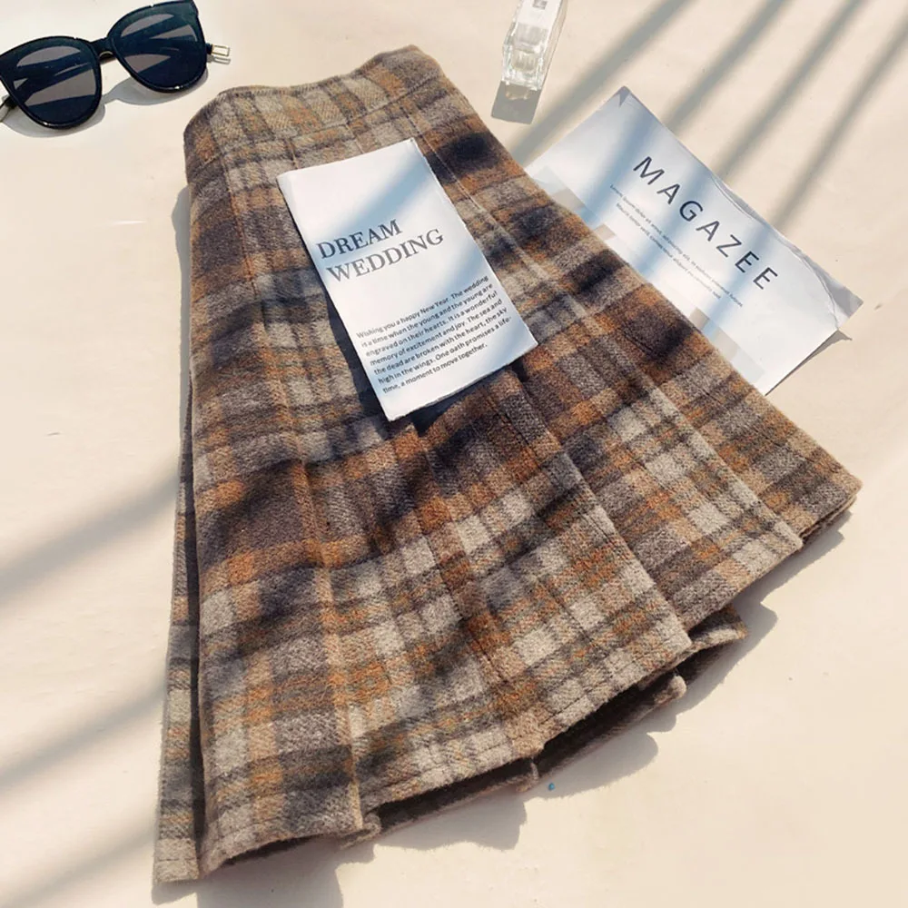 Wełniana spódnica plisowana dla kobiet Jesień Zima Wysoka talia Spódnica damska Moda Khaki Mini spódniczki Vintage Kobieta