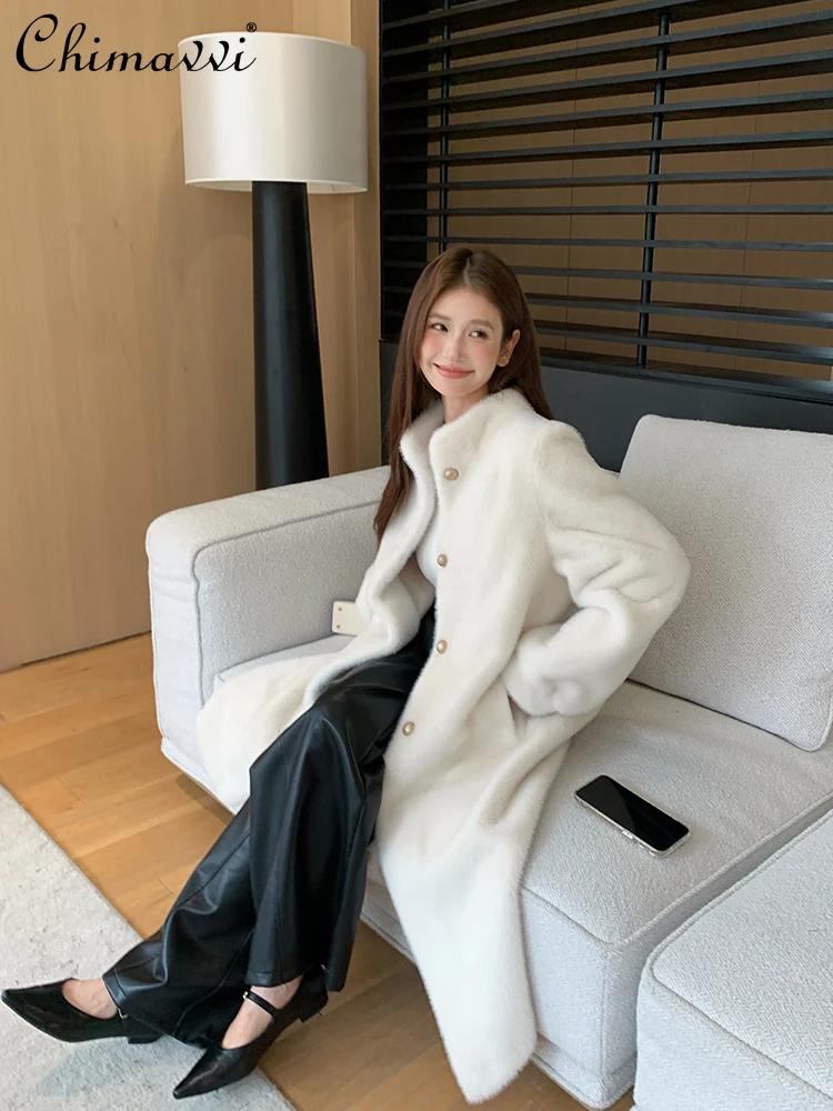 High-End Fashion Mink Fur Integrated Long Stand Collar Coat 2023 Winter Clothes New Luxury Loose Long Sleeve Warm Elegant Jacket