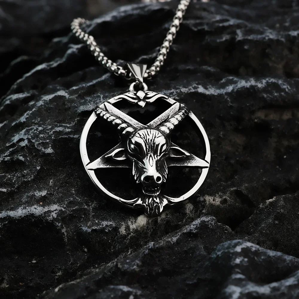 European and American Style Retro Titanium Steel Satan Pentagram Zodiac Lamb Head Titanium Steel Men's Pendant