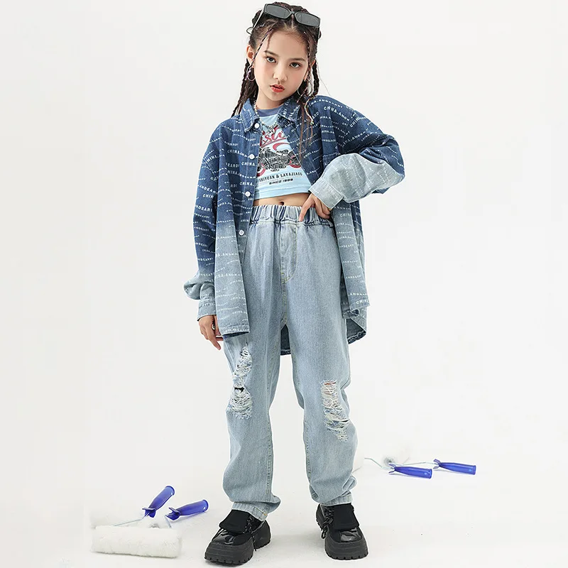 Children's Clothing Hip Hop Dance Costumes Letter Print Denim Shirt Ripped Jeans Kids Girls Jazz Modern Dance Outfit Streetwear