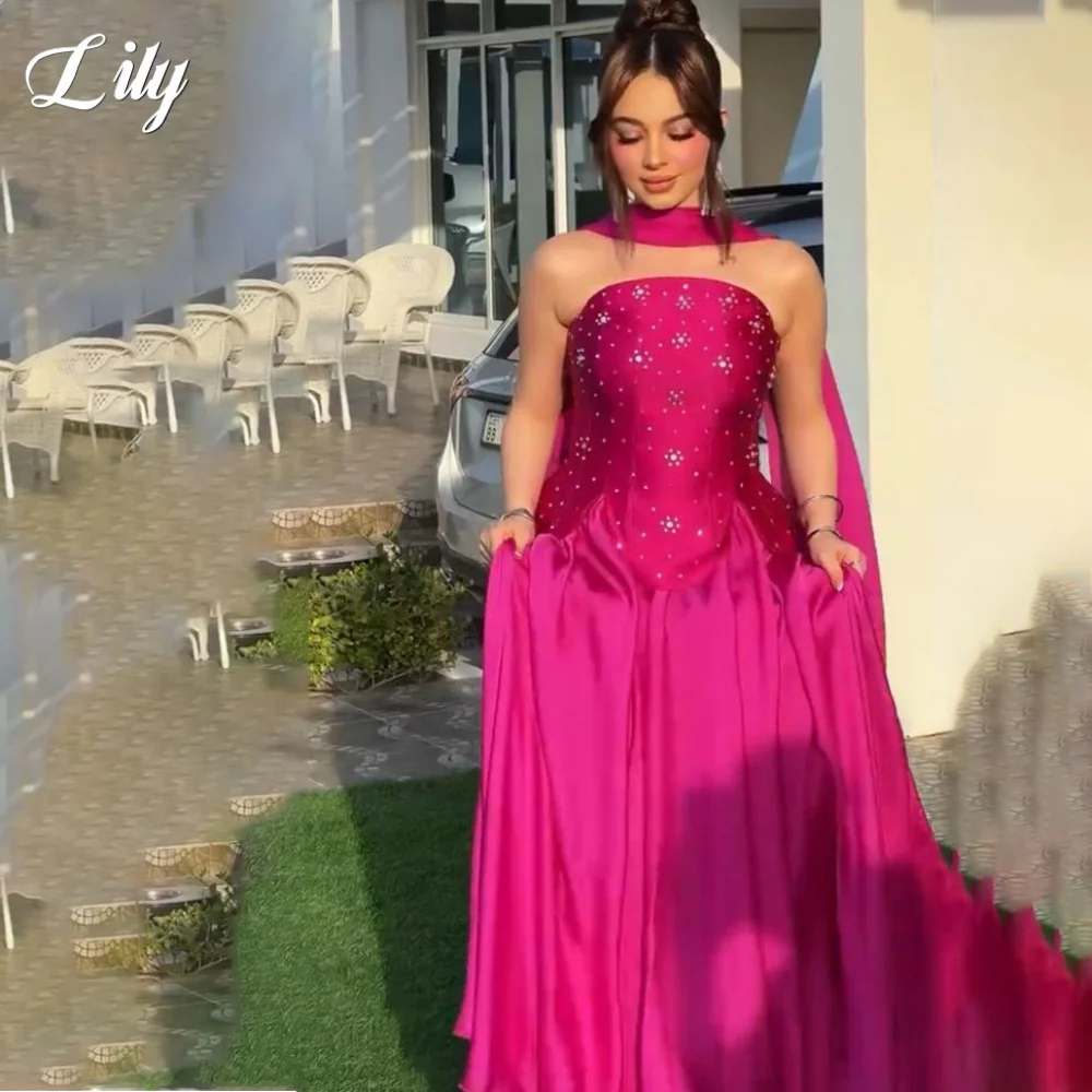 

Lily Fuchsia Satin Party Dress Strapless Beading Evening Dress with Scarf Floor Length Crystal Prom Gown for Women Customized