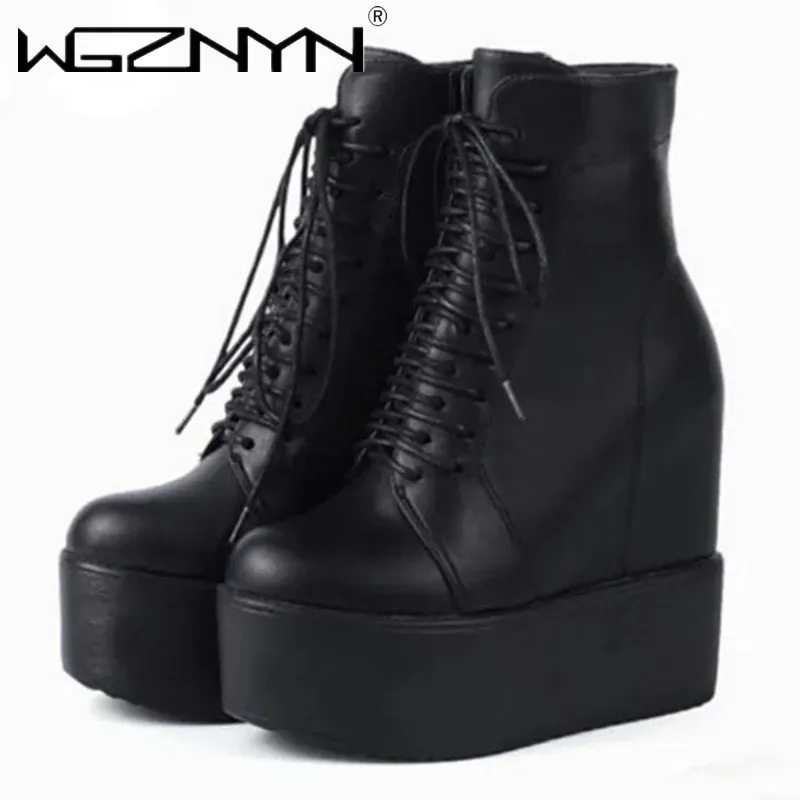 13.5CM Punk Style Wedges Ankle Boots Black Rubber Sole Shoes Platform Boots Women Lacing Autumn Sexy lady Platform Heels Shoes