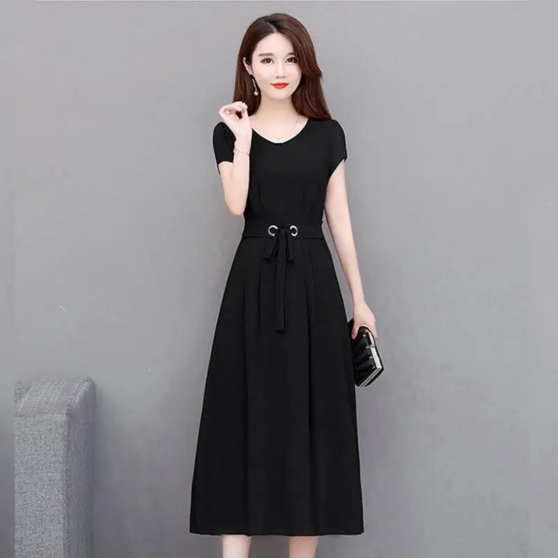 

Vintage Lacing Loose Ladies Dresses Summer New Short Sleeve Solid All-match Elegant Midi Dress Fashion Casual Women Clothing