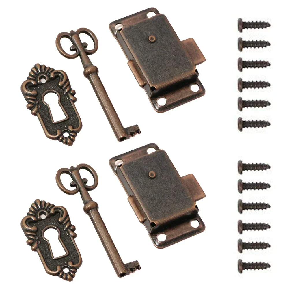 2 Set Zinc Alloy Door Locks With Screws Red Bronze Furniture Lock For Vintage Wooden Box Jewellery Box Drawer Hardware Tools