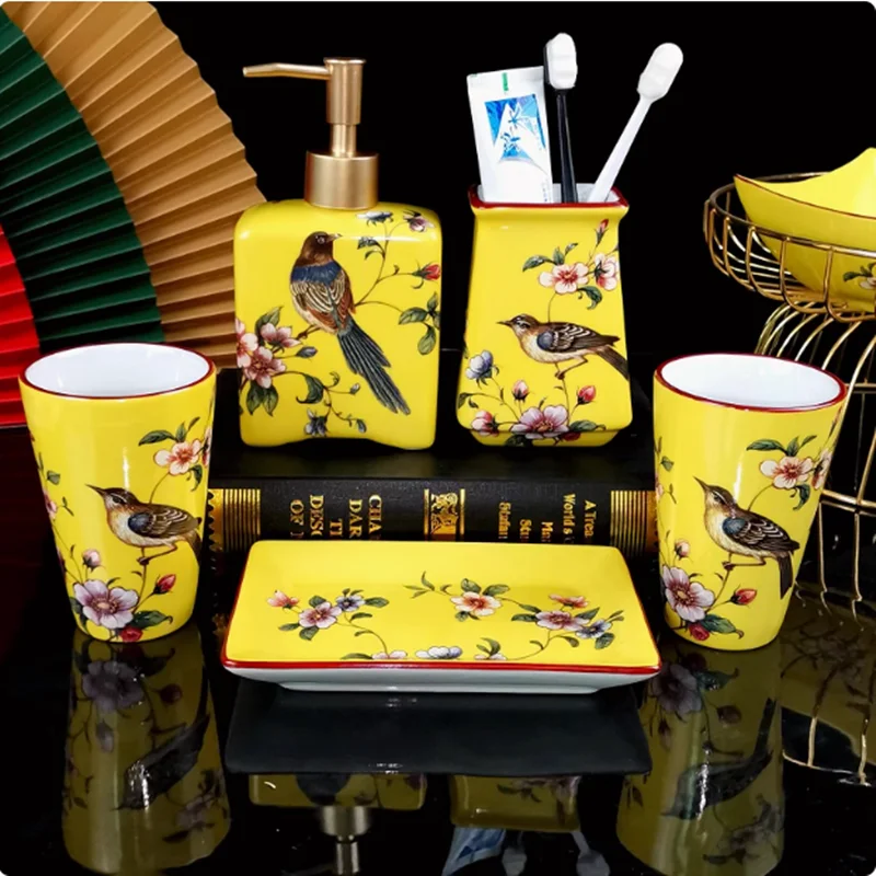 Bathroom Supplies, Yellow Ceramic Soap Dispenser, Mouthwash Cup, Toothbrush Holder, Lotion Bottle, Soap Box, Wedding Gift