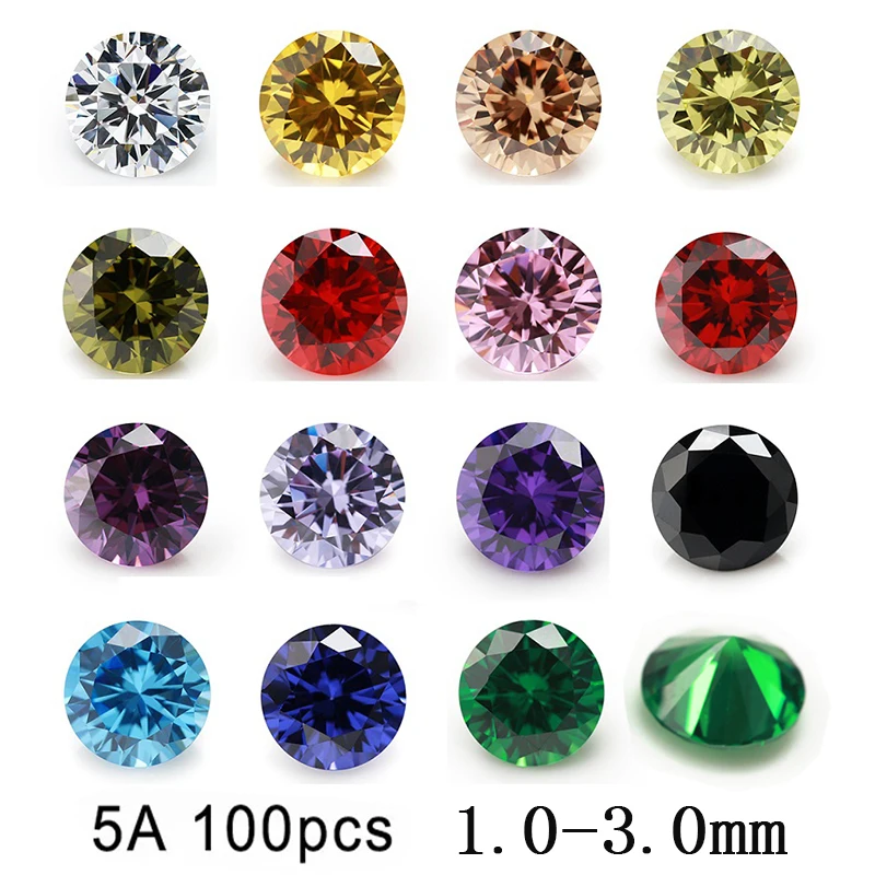 100 sztuk 5A rozmiar 1.0-3.0mm okrągła cyrkonia sześcienna kamień luzem CZ syntetyczny kamień szlachetny biały zielony tanzanit czarny różowy granat