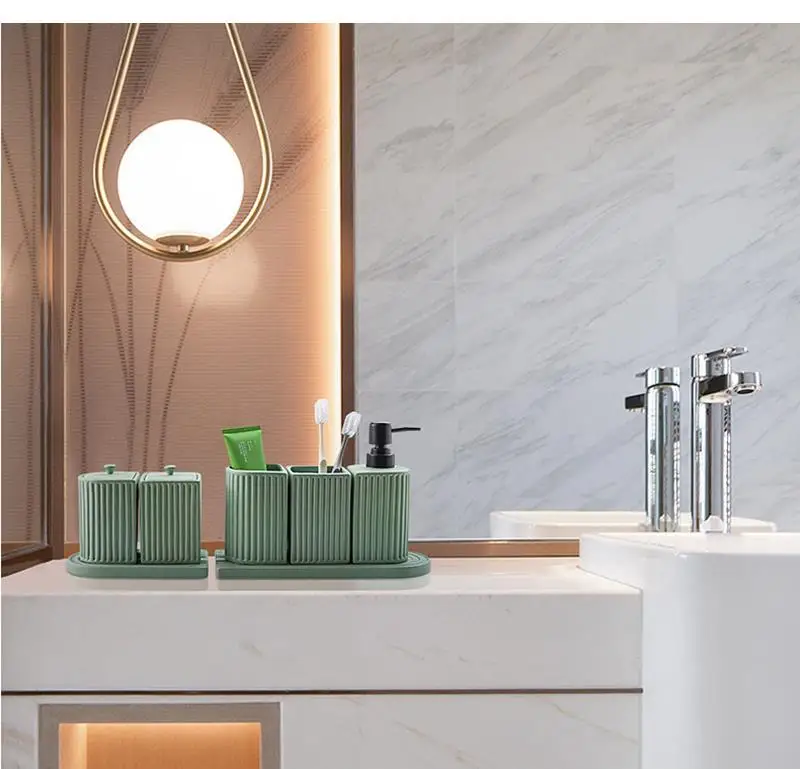 Bathroom Accessories Set Green Striped Ceramics Tooth Brush Holder Soap Container Cup Storage Tray Cotton Swab Box