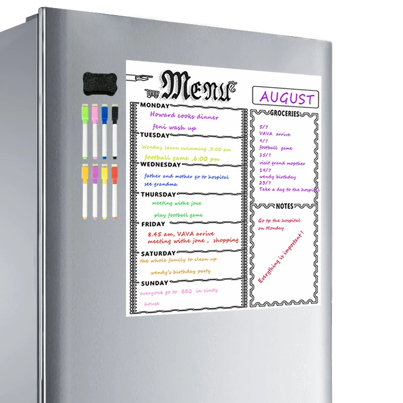 Hot-A3 Magnetic Whiteboard Sheet For Kitchen Fridge Multipurpose Fridge Weekly White Board Calendar For Menu Planning With 8 Pen