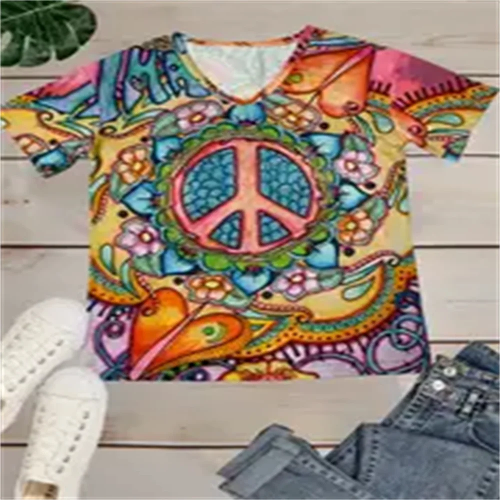 Women's V-neck T-shirt With Short Sleeves Full Of Vitality, Hippie Chic Casual Comfortable Breathable Casual Style Fashionable