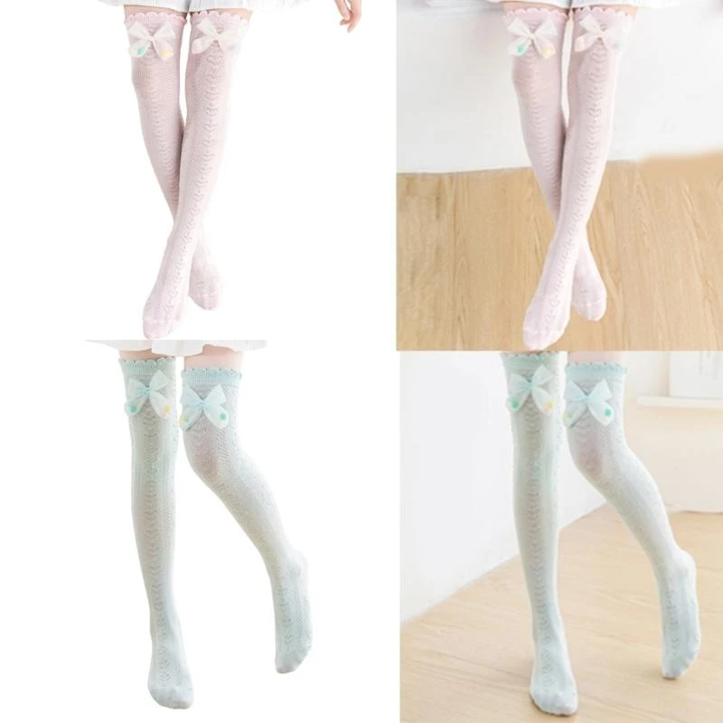 

CableKnit Dress Socks for Spring Stretchy Over the Knee Socks for School Girl Breathable Bowknot Socks for Kids G2TD