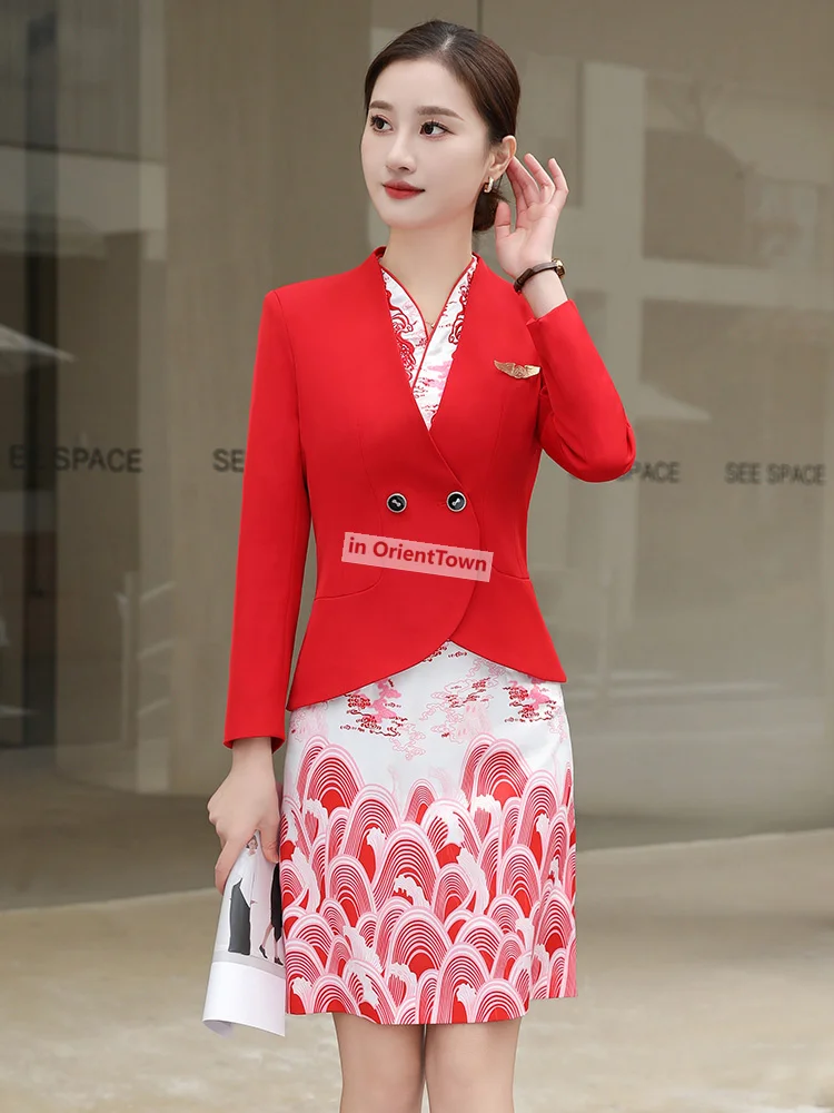 Standard Flight Attendant Uniform China Hainan and Southern Airlines Cheongsam Summer Thin Work Set Women's Professional Dress