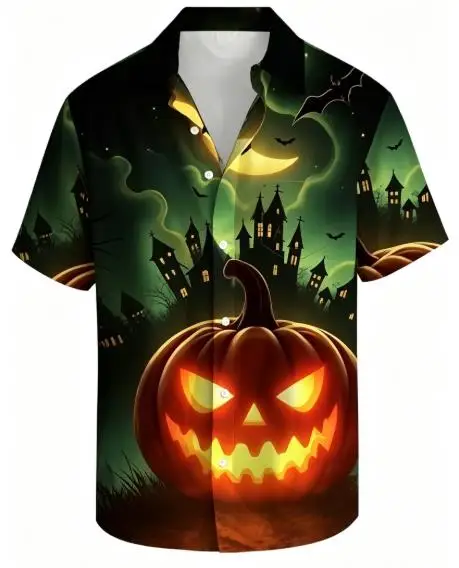 Men Halloween Glowing Pumpkin Haunted Castle Bat Print Short Sleeve Shirt Lapel Collar Button‑Up Polyester Party Blouse