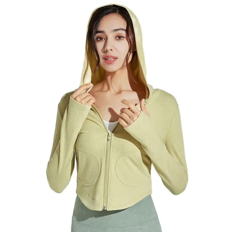 

Long Sleeve T Shirt Women Gym Workout Jacket Cropped Full Zip Up Yoga Sport Running Jacket Thumb Holes Hooded Tight Fitted Top