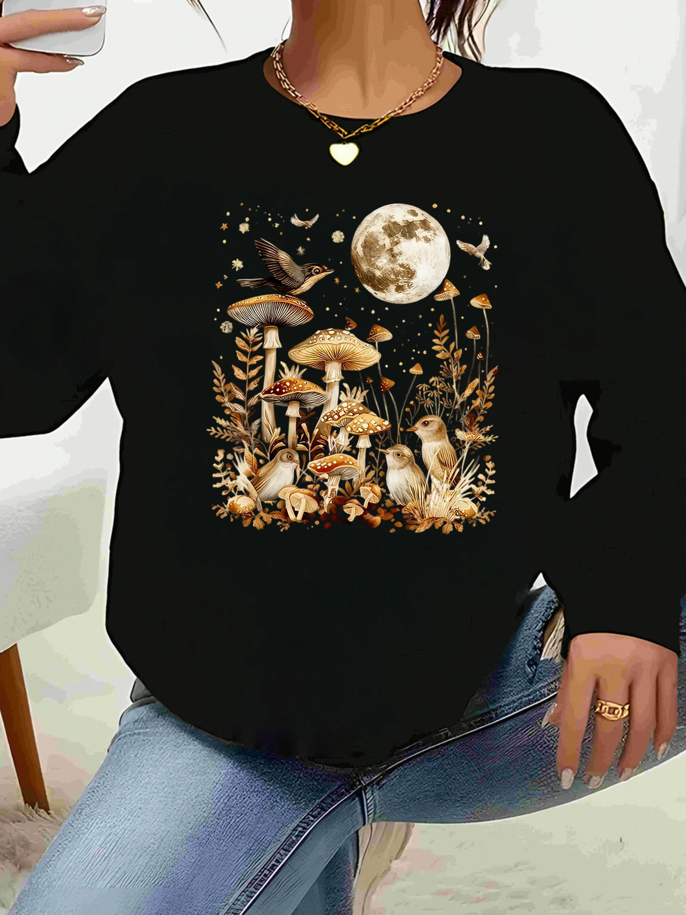 

Топ с длинными рукавами и принтом «Грибный лес и луна», повседневная женская одежда на Хэллоуин