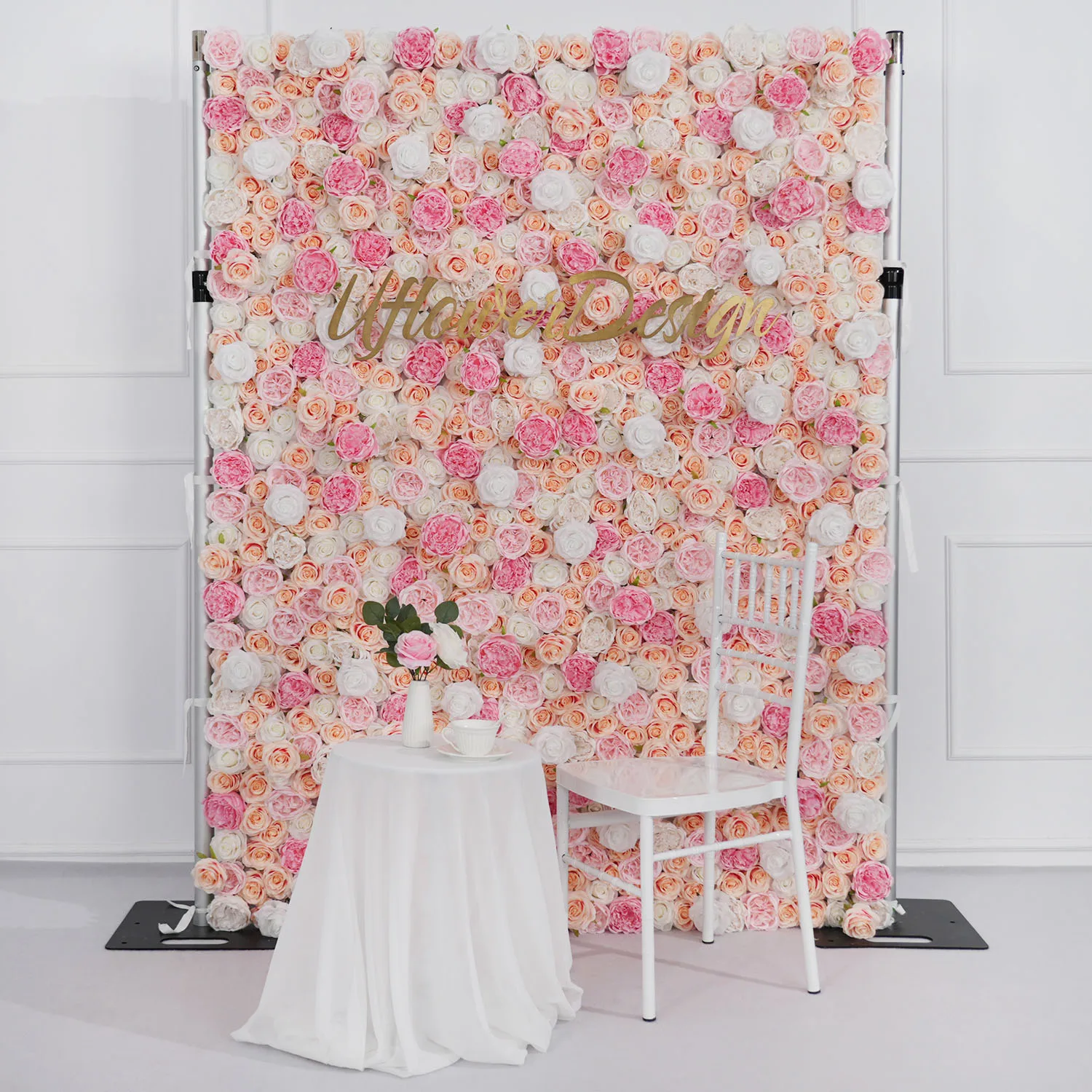 

Uflower Pink Rose White Peony Floral Curtain Cloth Flower Wall Outdoor Wedding Backdrop Decorations Artificial Flower Background