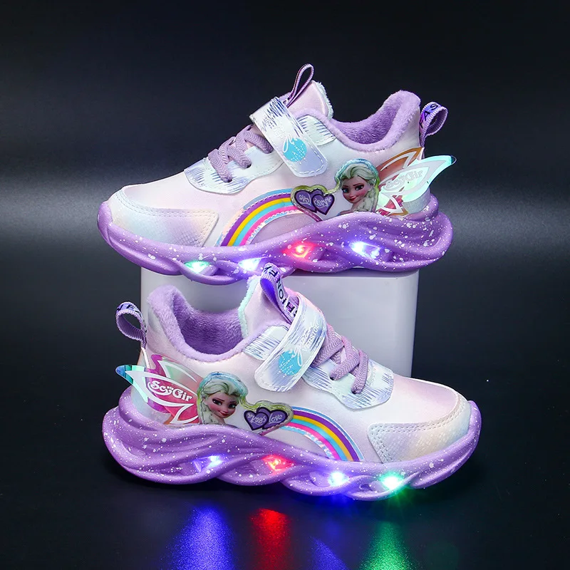 Disney Frozen Elsa Anna Princess Shoes LED Sport Shoes 2023 New Girls Casual Sneakers Kids Tennis Shoes Luminous Light Shoes