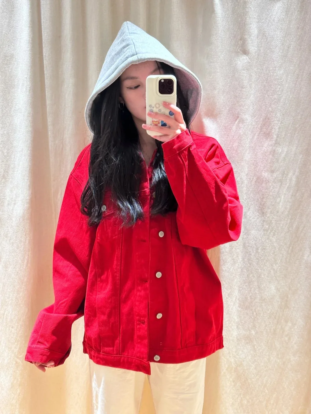 

Red Fake Two Piece Loose Hoodie Jacket Women Autumn Cotton Thick Warm Drawstring Coat Top Streetwear Vintage Chic Outerwear Y2K