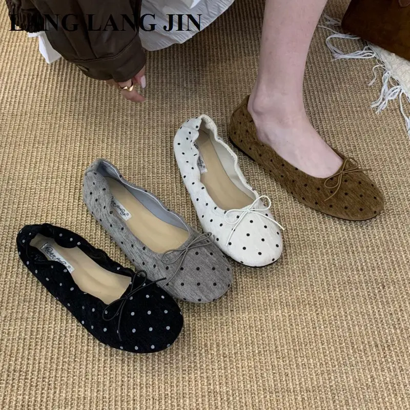 Women Polka Dot Ballet Flats Bow Decor Slip On Flat Shoes Soft Cloth Round Toe Loafer Vintage Dot Pattern Casual Daily Ballerina