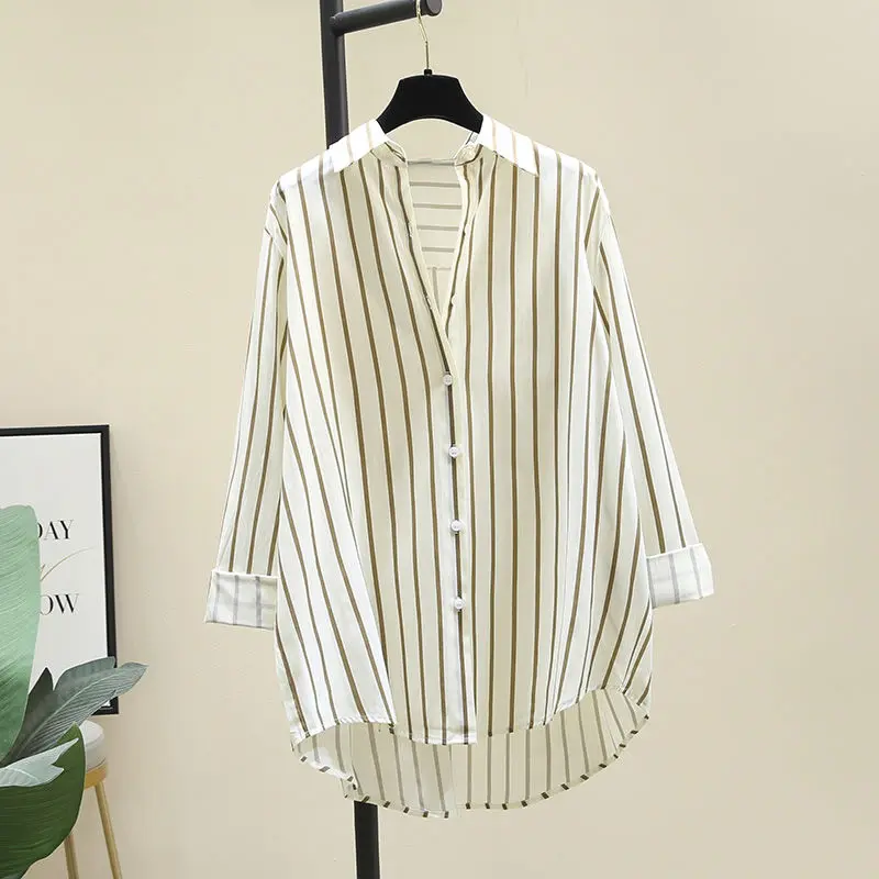 Commuting Simplicity Mid Length Striped Shirt for Women\'s Spring Autumn Lazy Style Long Sleeved Simple Loose Casual Trendy Top