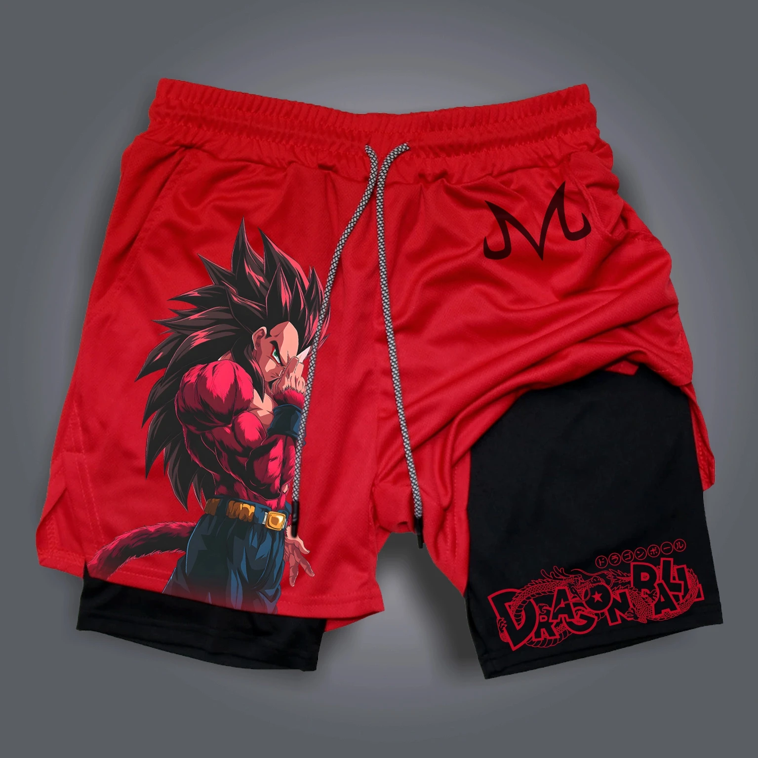 2025 Dragon Ball Anime GOKU Bedruckte Sommer-Doppelschicht-Shorts, amerikanische Herren-Strand-Fitness-Sport-atmungsaktive Shorts