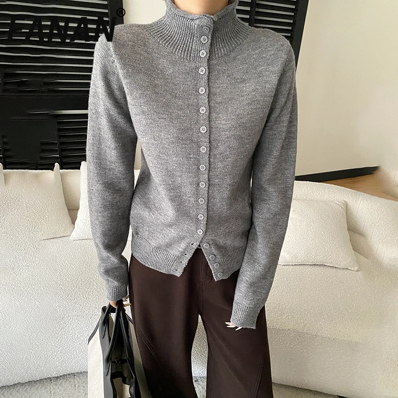 

FANAN Minimalism Woolen Knitted Cardigan Sweater For Women Turtleneck Neck Long Sleeve Warm Bottoming Tops 2025 Winter New