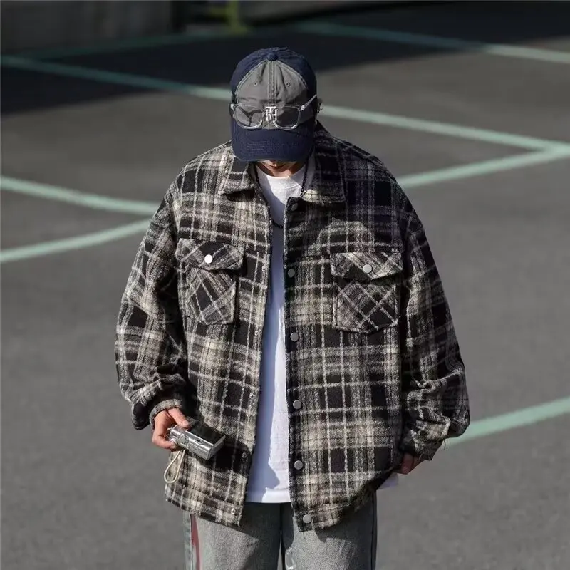 

Retro American Plaid Collar irt Jaet ex Casual Spring Autumn Loose Versatile Youthful ulari Cheered Couple's J...