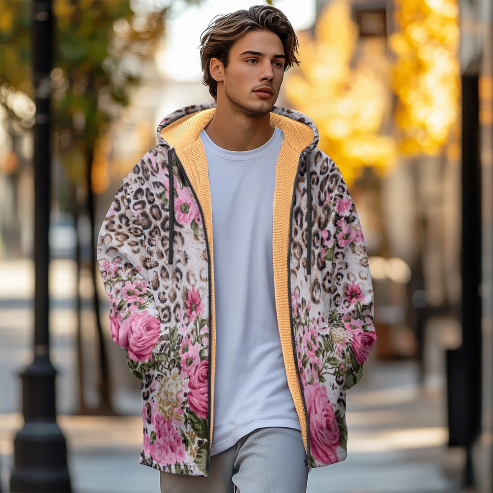 Man winter clothing, New in Down Coats, Pink flower graffiti design cotton-padded jacket clothing, feather print pocket zipper