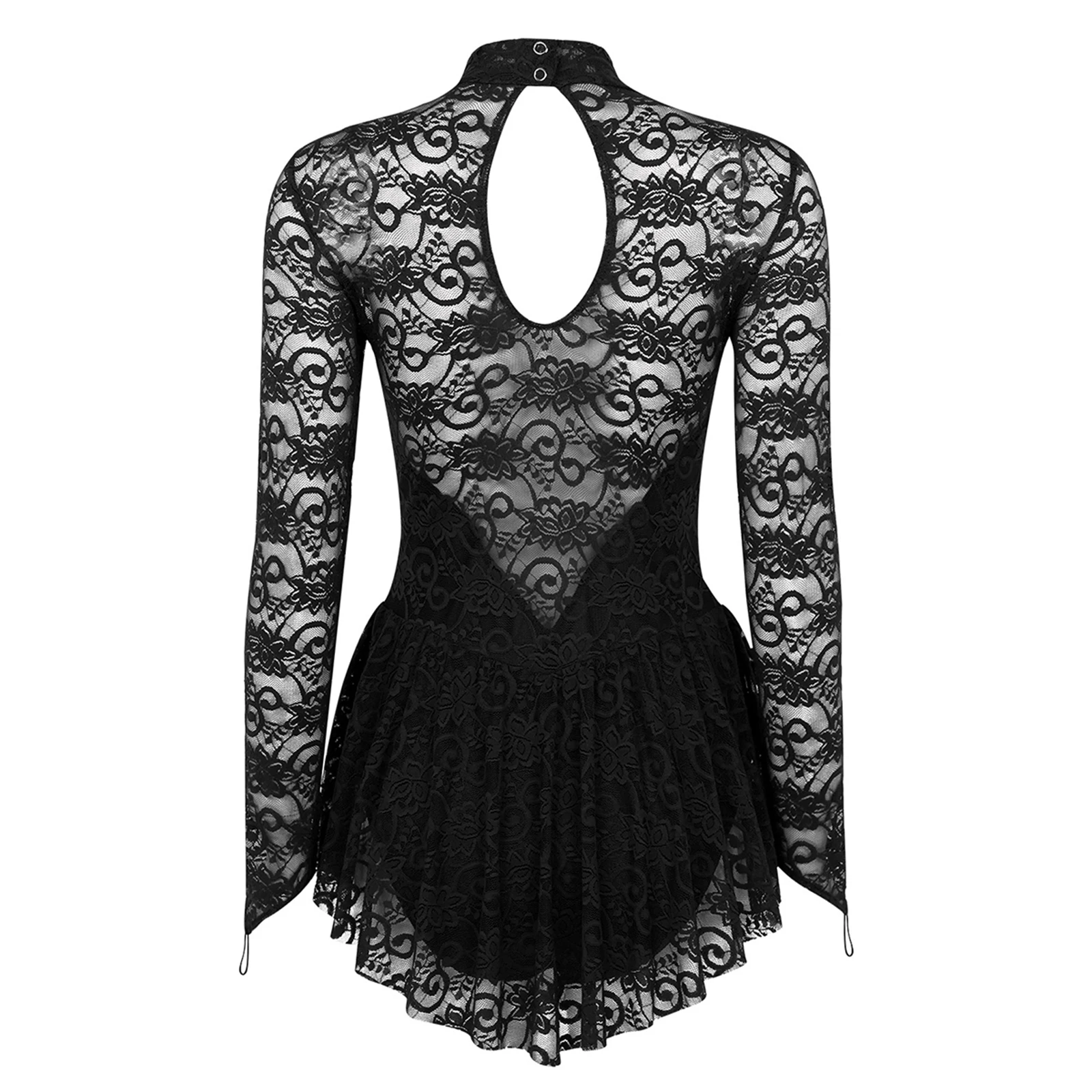 Womens Adult Gymnastics Ballet Dance Leotard Dress Dancewear Mock Neck Long Sleeve Lace Figure Ice Skating Roller Skating Dress